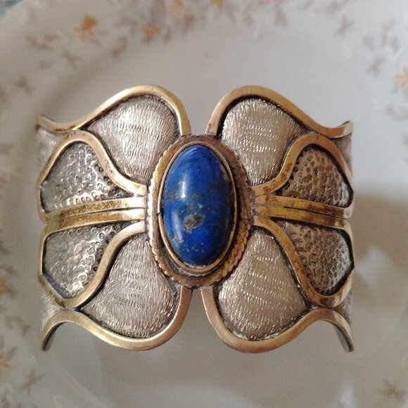 Vintage 1980s MORITA GIL Chile Mixed Metal & Lapis Lazuli Designer Bracelet 925 - Picture 3 of 10